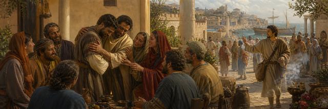 A repentant man embraced by a house church while a messenger arrives through a fragrant market